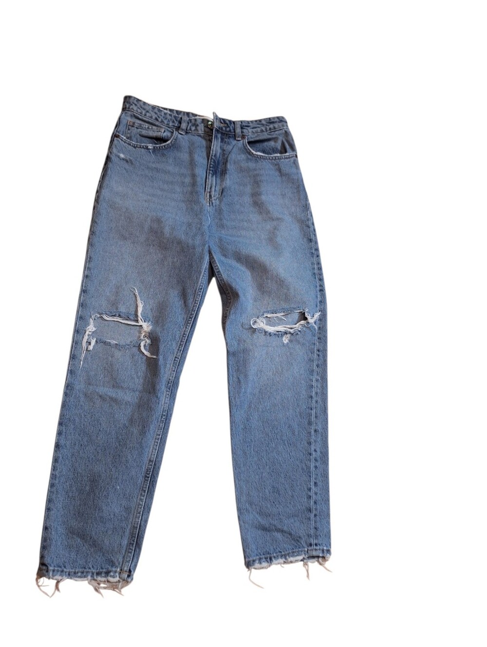 Zara Distressed 100% cotton Denim straight leg jeans ladies 8 Slightly tapered